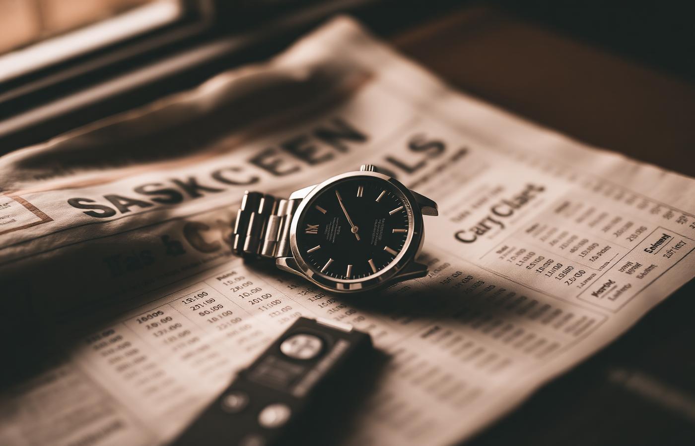 Vintage steel wristwatch resting on a financial newspaper showing exchange rate tables