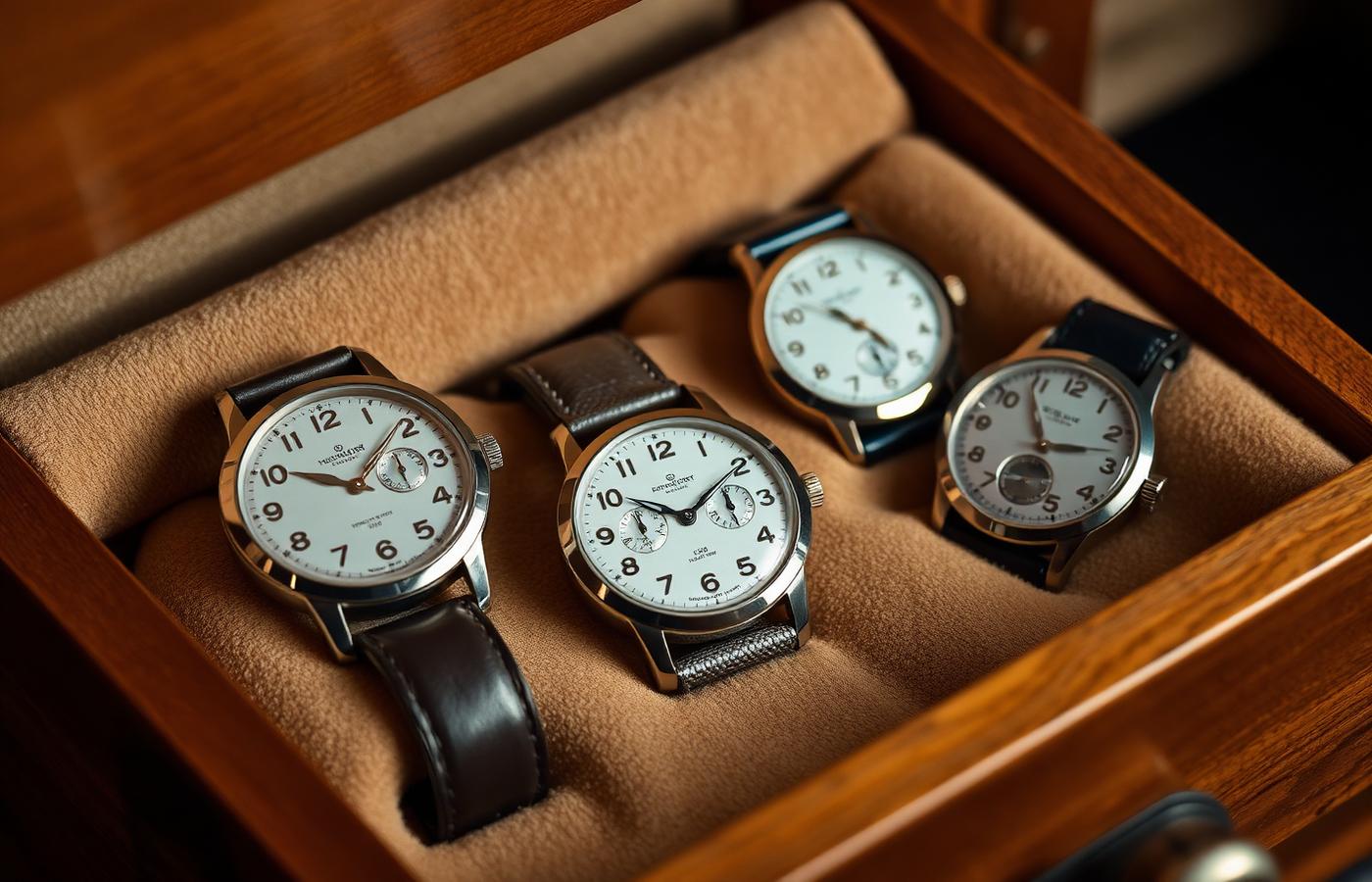 Three vintage wristwatches arranged in a wooden drawer
