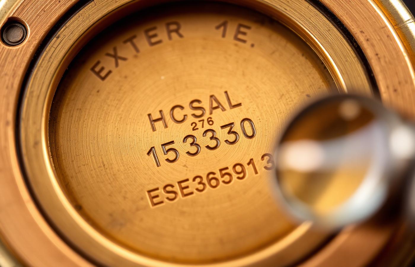 Extreme macro of gold hallmark stamps and assay marks inside a vintage watch case back
