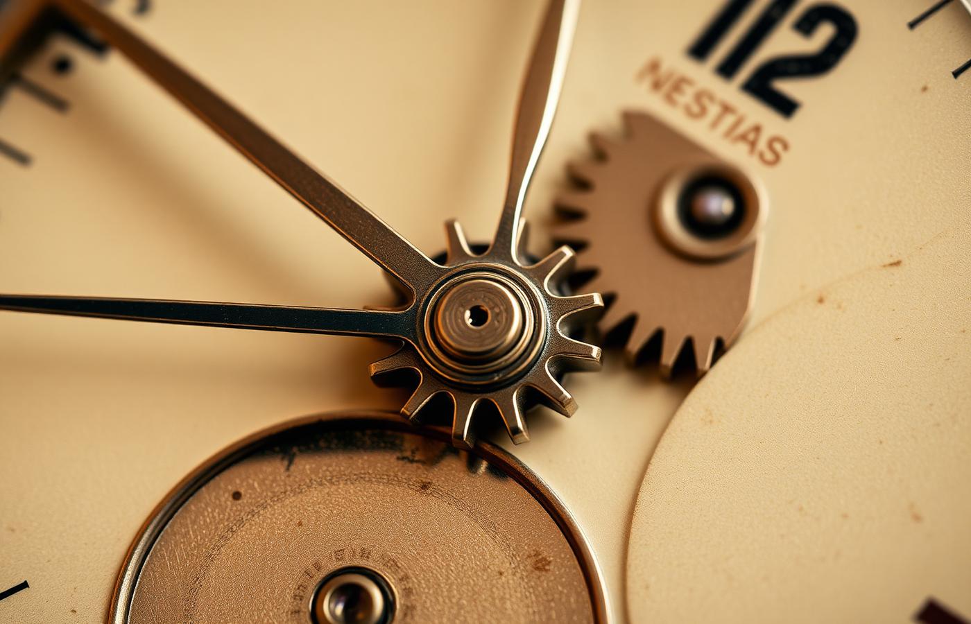 Extreme macro of vintage watch hands and central pinion