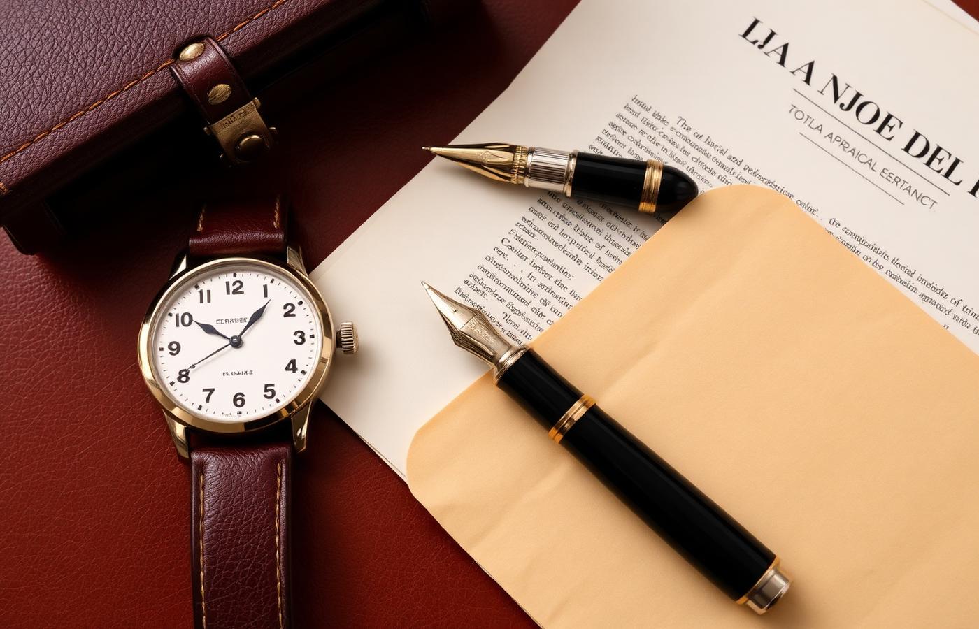 Vintage wristwatch beside insurance appraisal documents and a fountain pen on a leather desk