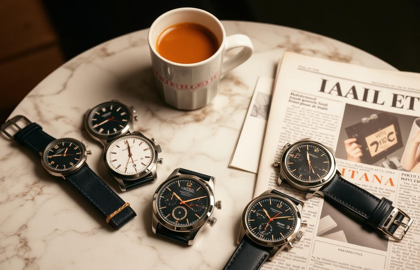 Several vintage chronographs on a Milanese marble table with espresso and newspaper