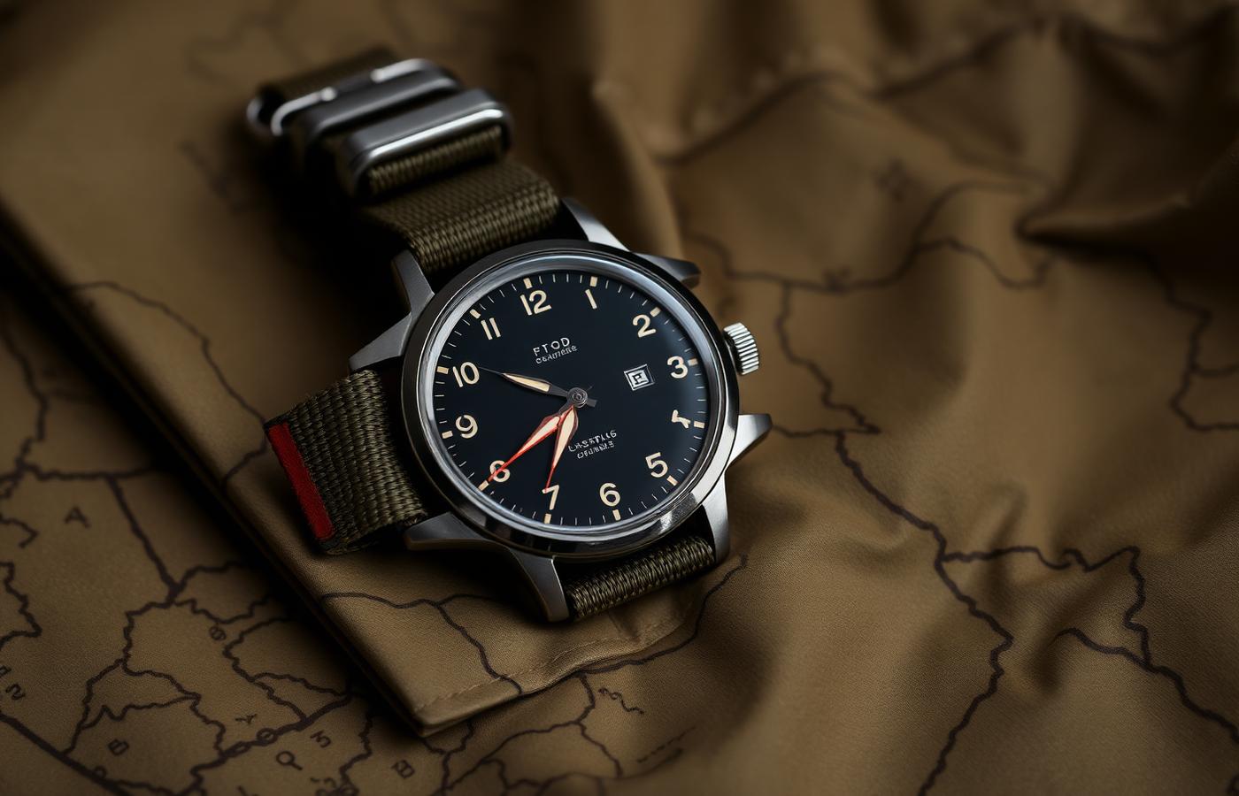 Vintage military field watch on a NATO strap resting on an olive-drab army map