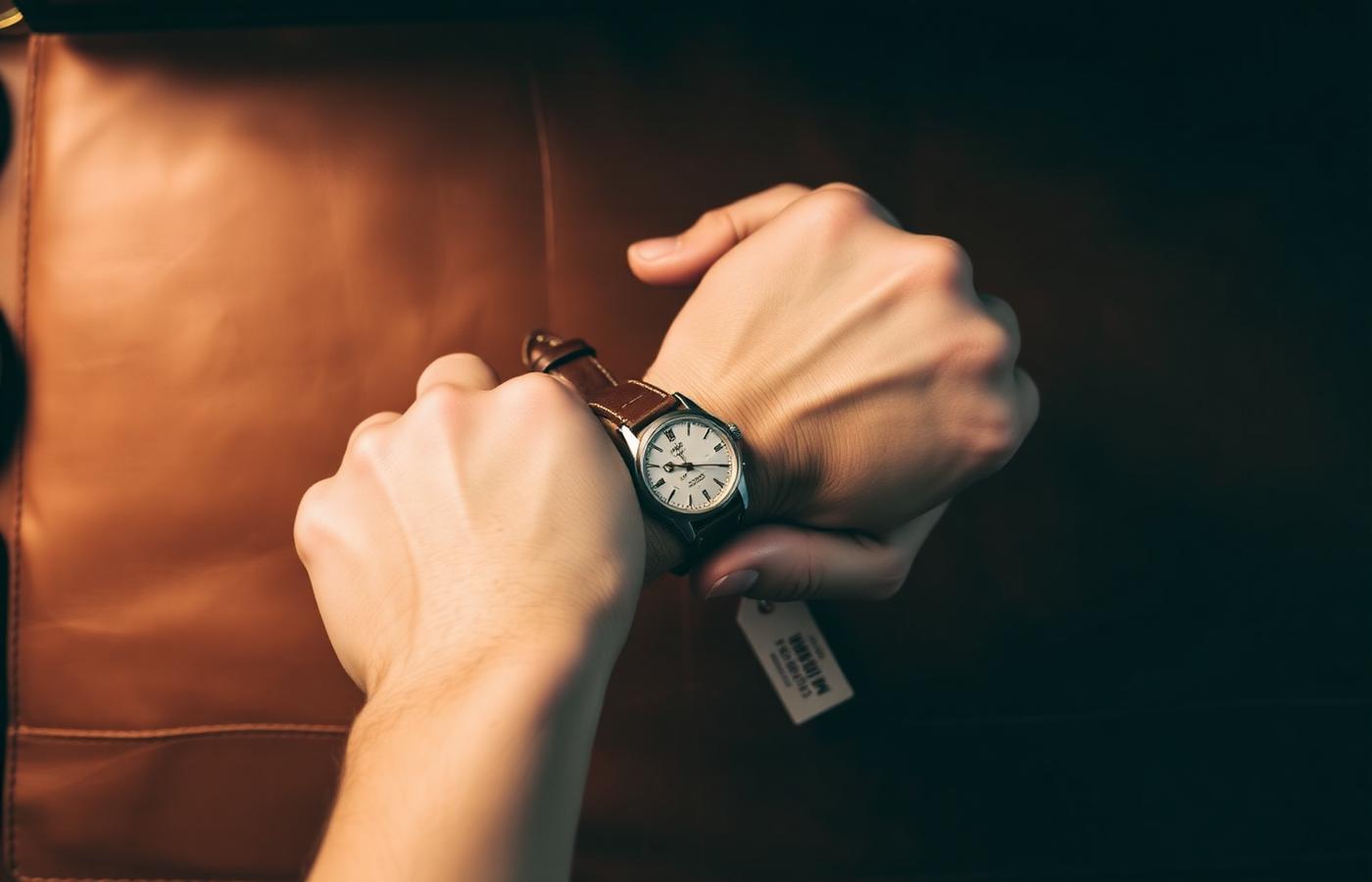 A vintage wristwatch being examined on a leather dealer counter