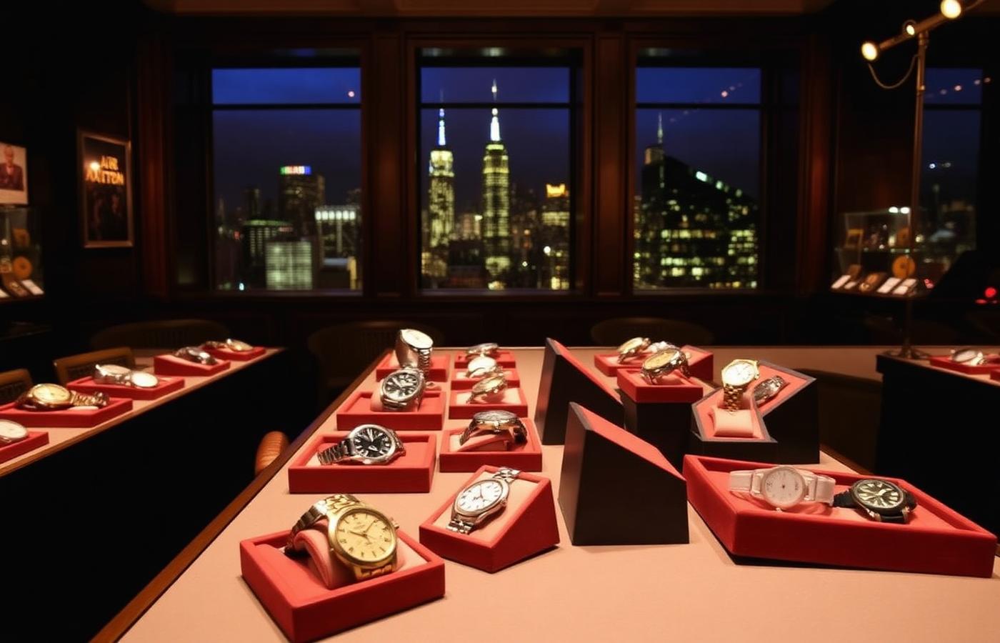 Auction preview room displaying vintage watches on velvet trays