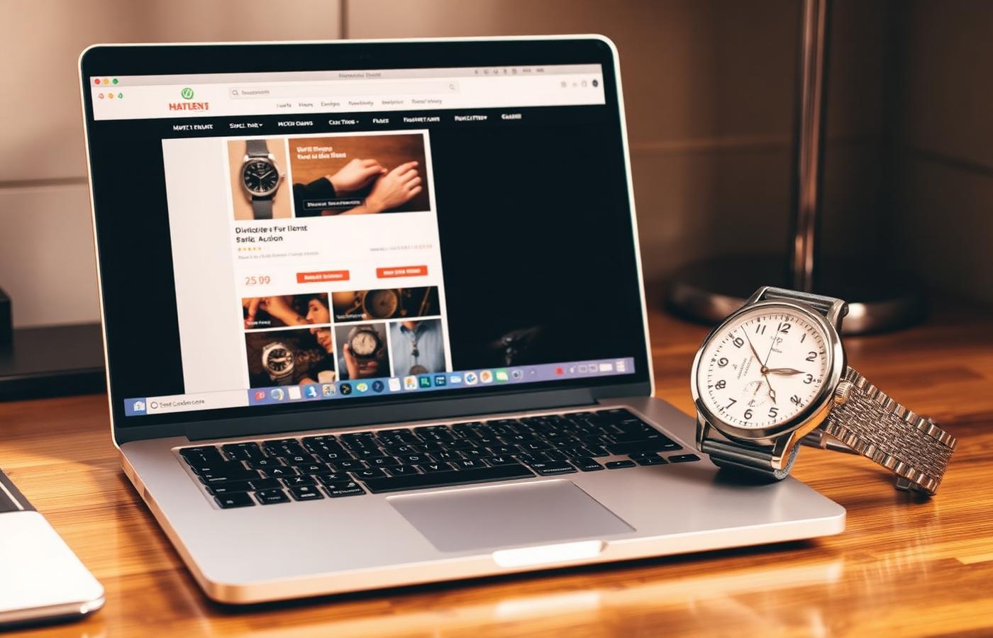 Laptop showing an online watch auction platform beside a vintage chronograph