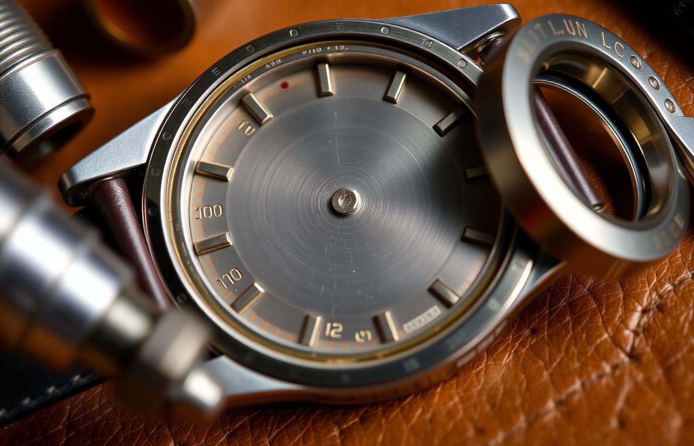 Vintage watch case examined with a loupe on a leather workbench