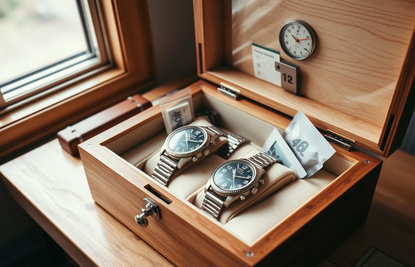 Wooden watch storage box with hygrometer and silica gel packets
