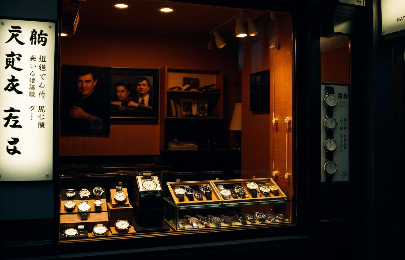 Small Tokyo watch dealer shop window at night with vintage watches