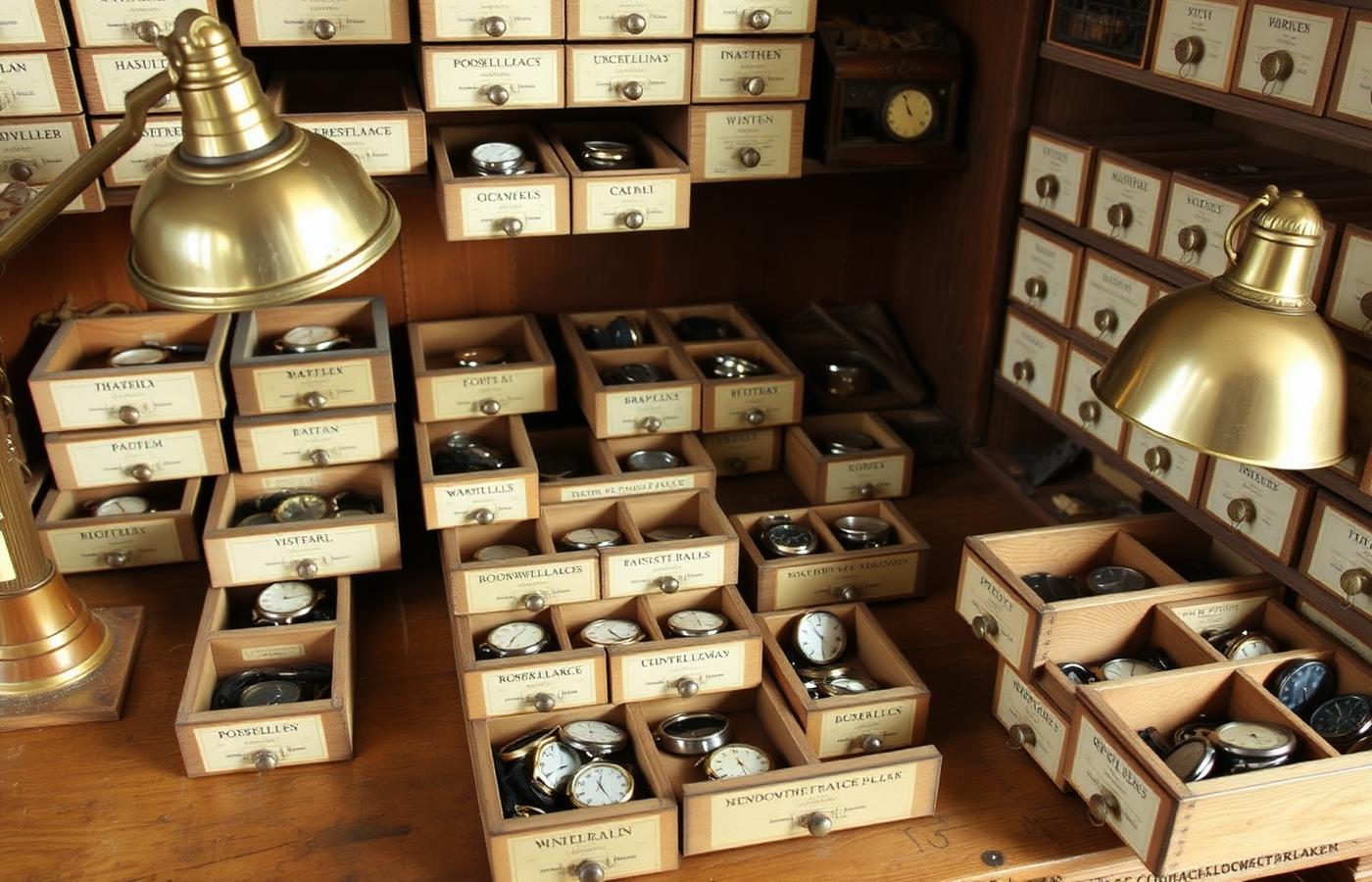 A retired watchmaker's wooden bench archive with labelled drawers of vintage tool watches under a brass lamp