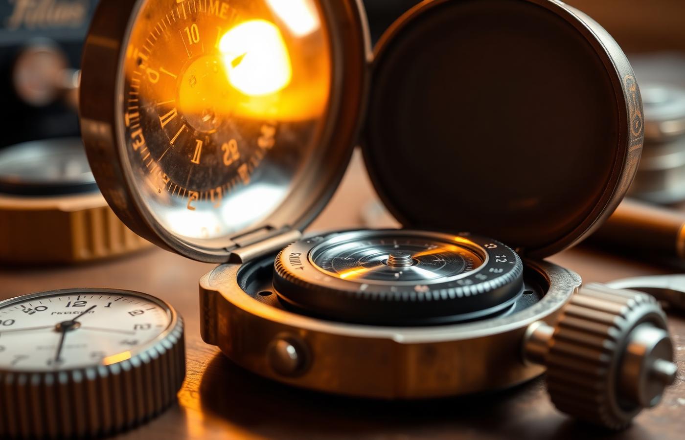 Watchmaker's bench with an open vintage watch case, gaskets, acrylic crystal and a pressure testing device